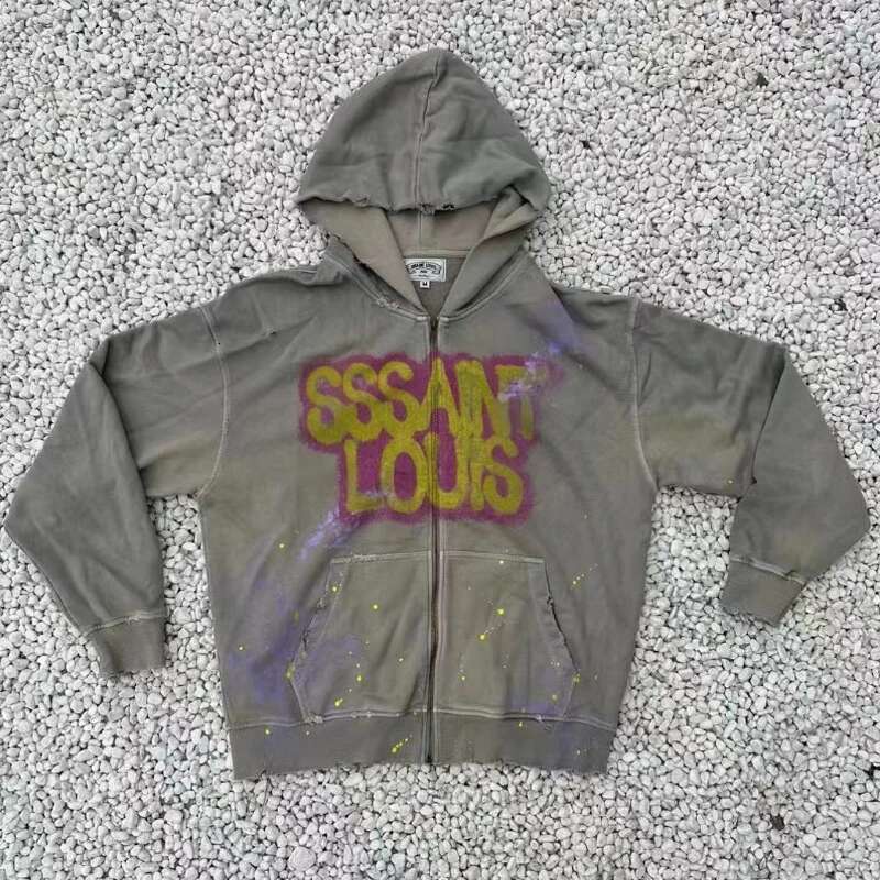 Saint High Street men's and women's hoodies, multi colored washed jackets, hoodies with spray painted graffiti logos, zippered hoodies