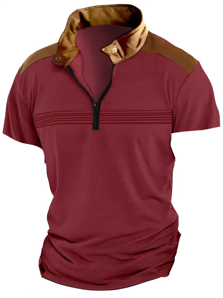 European and American Mens Summer Fashion Casual Sports Zipper Striped Short Sleeve Polo Shirt 250317