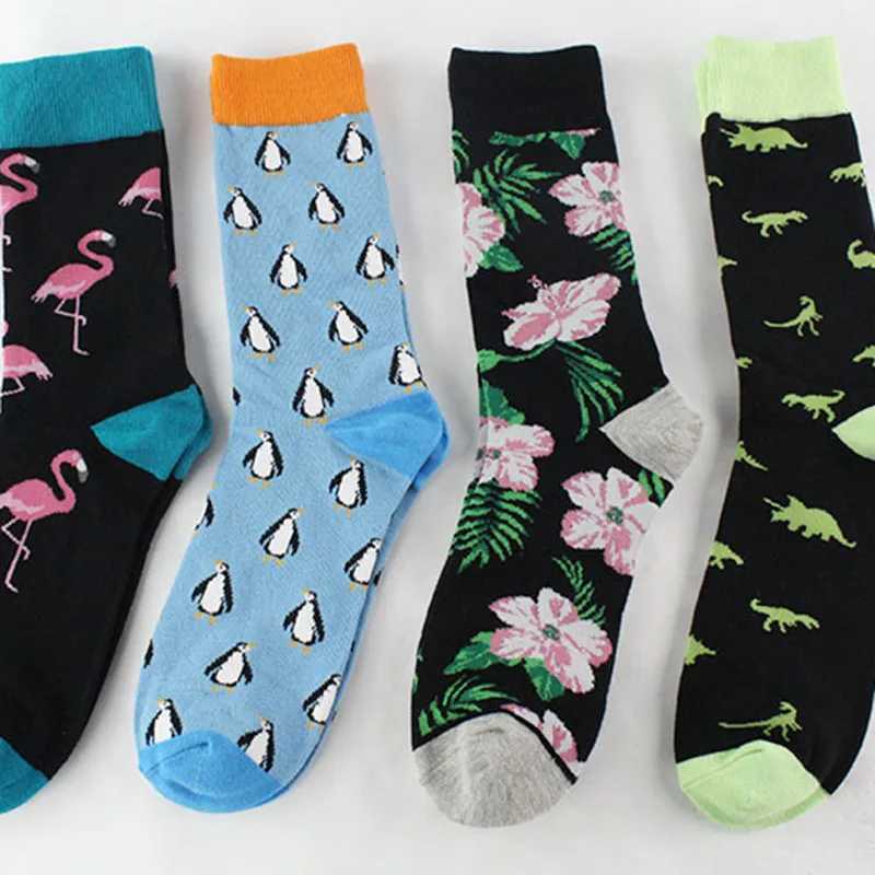 2024 New Hip Hop Cotton Mens Socks Harajuku Happy Fun Animal Flamingo Penguin Chili Dress Socks Mens Wedding Christmas Gift X250319