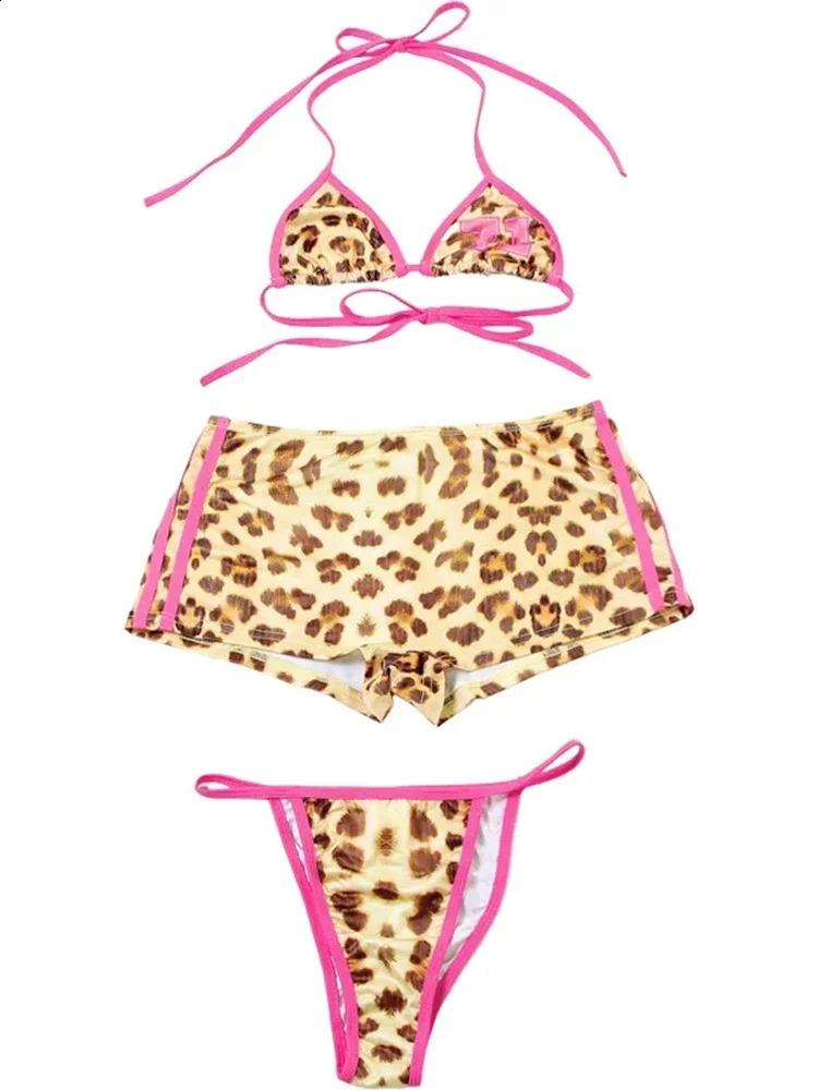 OIINAA Swimwear Women Sexy Leopard Printed Bikini Set Halter Lace Up Bathing Suit with Shorts Three-pieces Y2K Summer Beachwear 250319