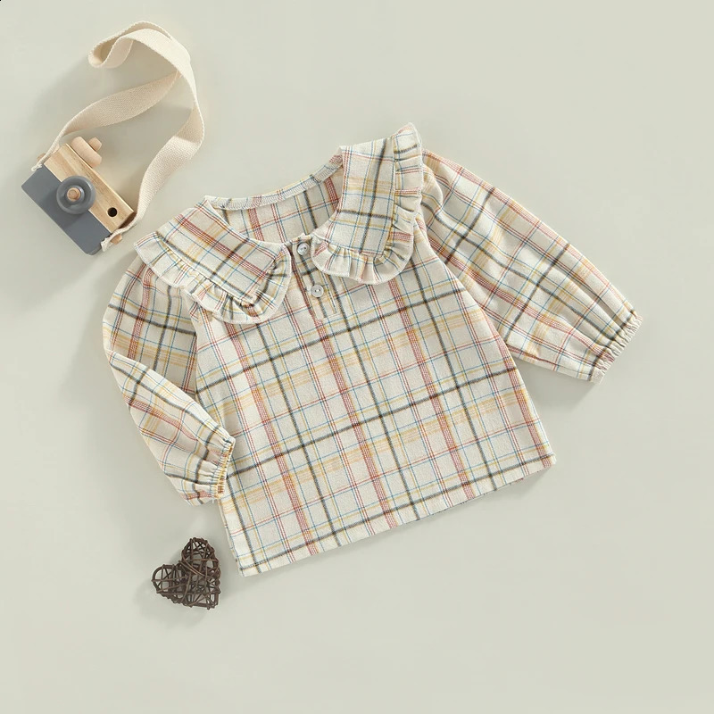 Cute Baby Girls Ruffle Sleeve Tops Plaid Solid Color Doll Collar Blouses Spring Autumn Fashion Casual Shirts for Toddlers 250319