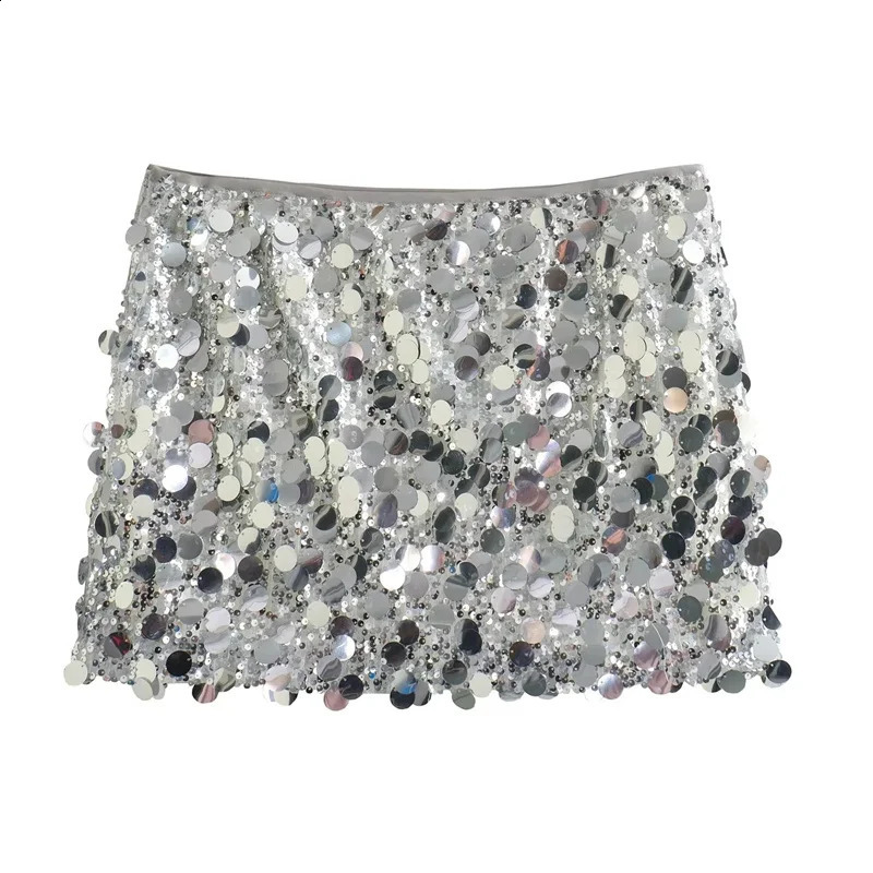 TRAF Silver Sequin Skirt Woman High Waist Mini Skirt Woman Fashion Shiny Glitter Elegant Short Skirts For Women Y2k Skirts 250319