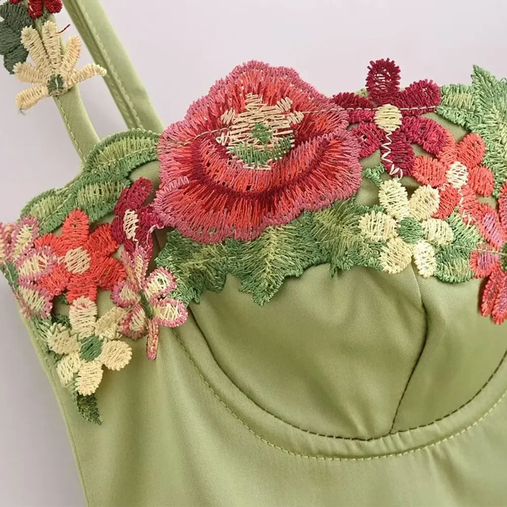 TRAFSHE Summer Like Silk Party Dress Floral Embroidery Spaghetti Strap Mini Sexy Green Satin Dresses 250319