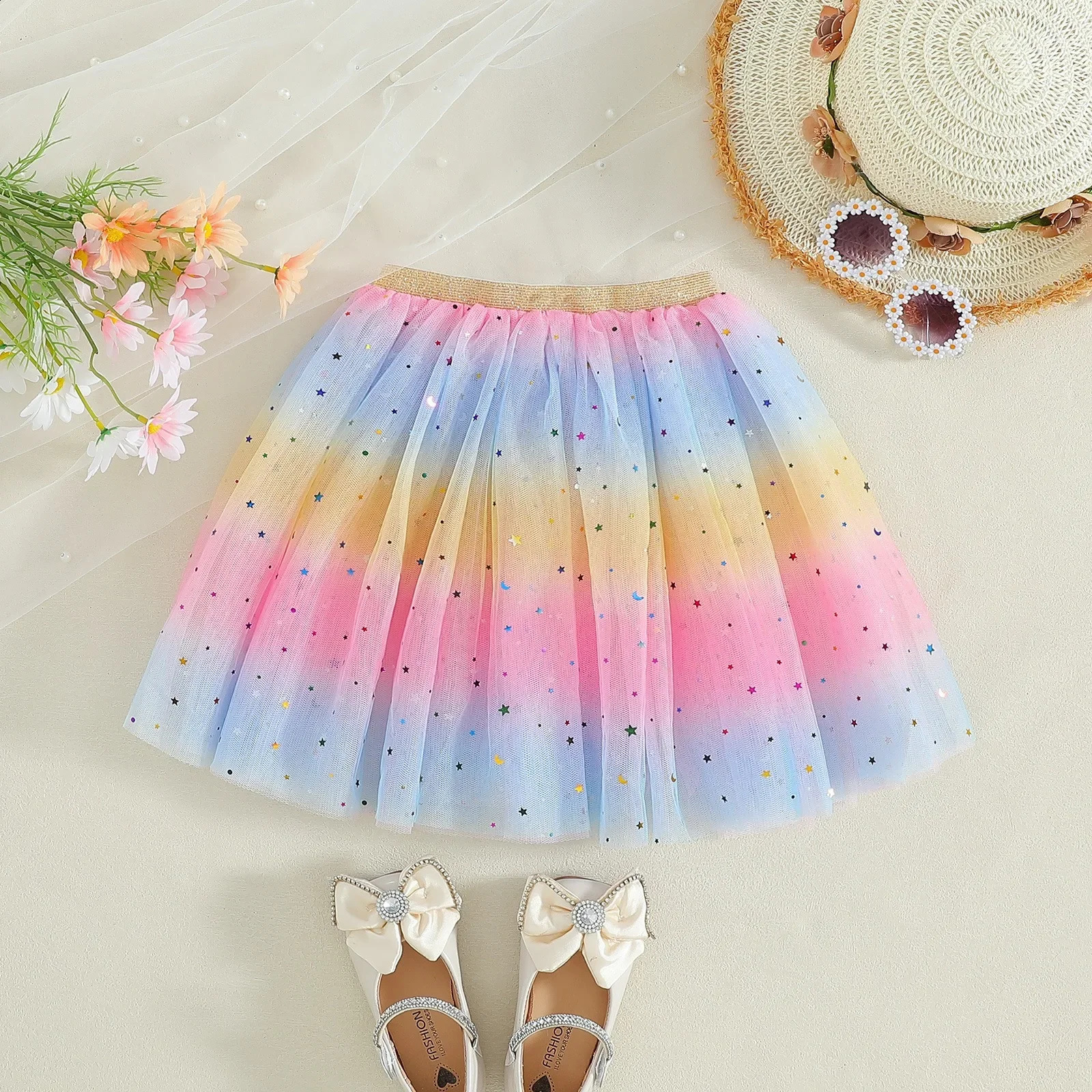 2025 Girls Tulle Star Short Rainbow Tutu Skirt Children Fancy Ballet Dancewear Party Costume Ball Gown Kids Mini Skirt 2-8Y 250319