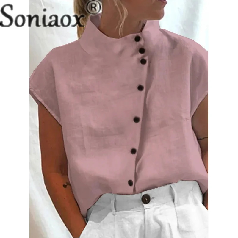 Elegant cotton linen stand up collar womens shirt summer simple style single breasted cardigan womens casual loose shirt 250318