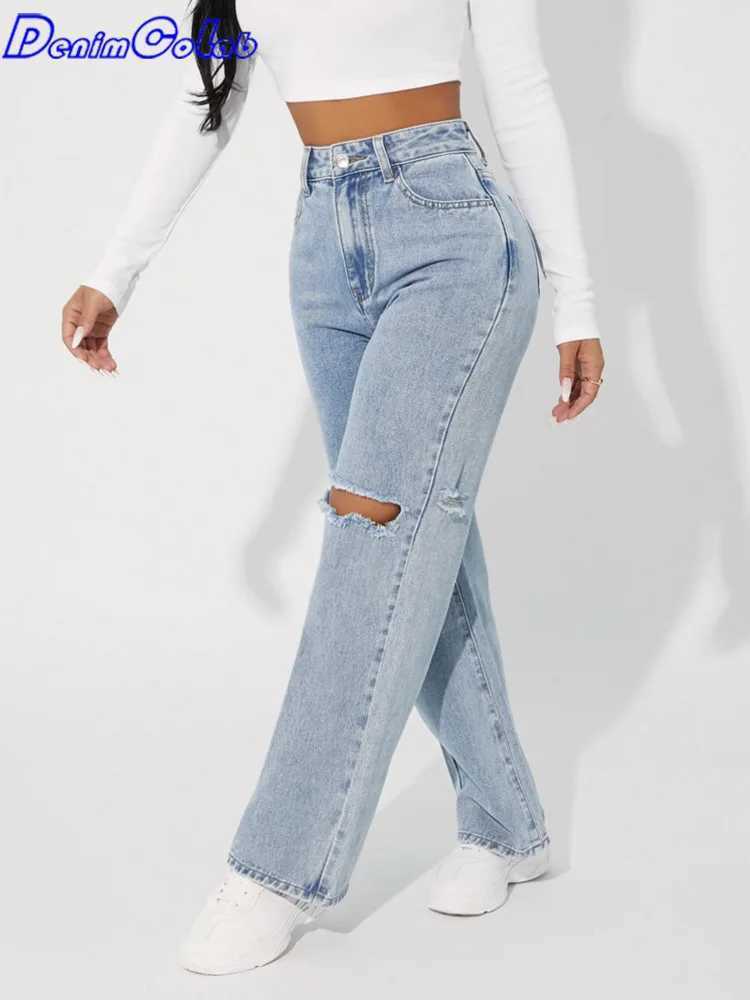 Denimcolab high waisted straight pants fashionable hole knee jeans womens loose boyfriend jeans womens streetwearT250319