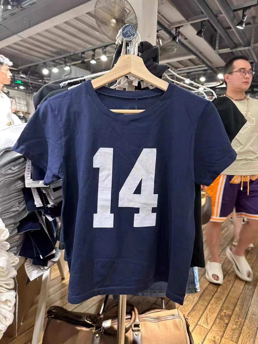 American Vintage 14 Print Navy T-shirts Summer Round Neck Short Sleeve Cotton Cropped Tees Streetwear Casual Basic Pullovers Top 250319