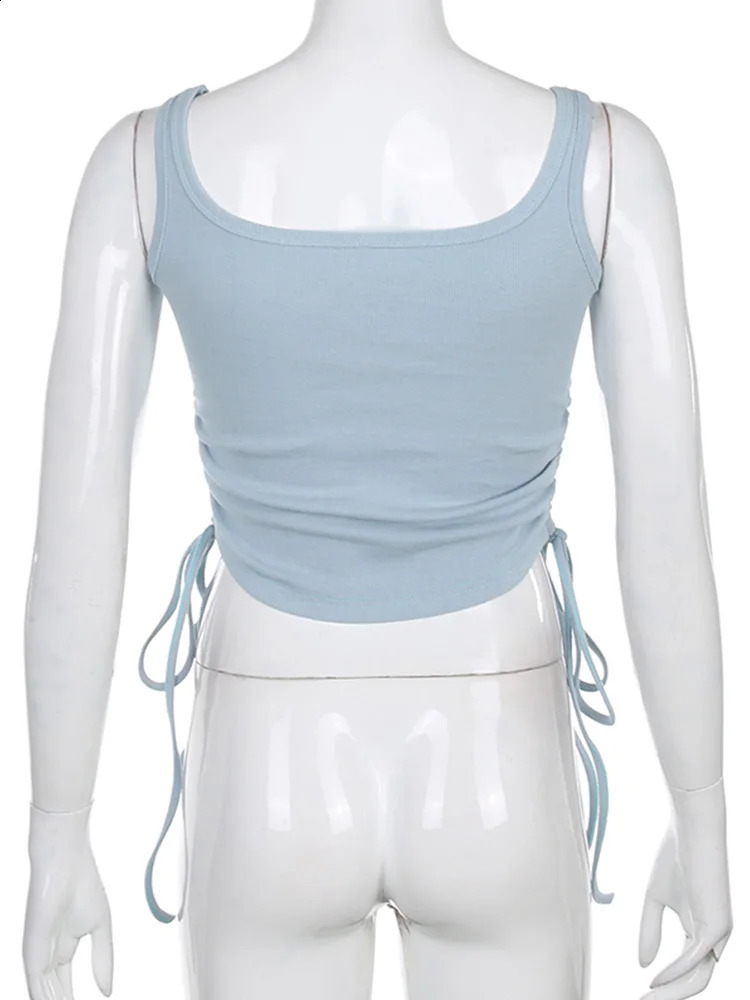 Ruched Sleeveless Tank Tops Tee Solid Casual Fashion Crop Top Ladies High Street Tie Up Croptop Summer Fitness 250319