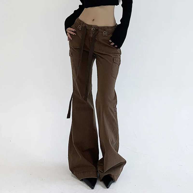 Rockmore Brown Low Rise Flare Jeans for Women Streetwear Y2K Aesthetic Cargo Jean Pants Vintage Denim Trousers Grunge FairycoreT250319