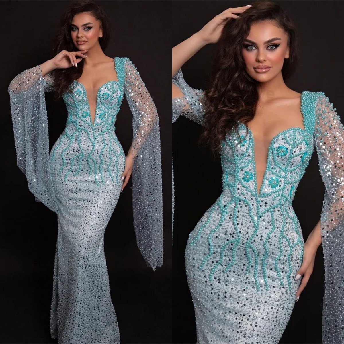 Sparkly Evening Dresses For Women Sweetheart Neck Long Sleeves Gown Sequins Beaded Sweep Train Party Customized Dress