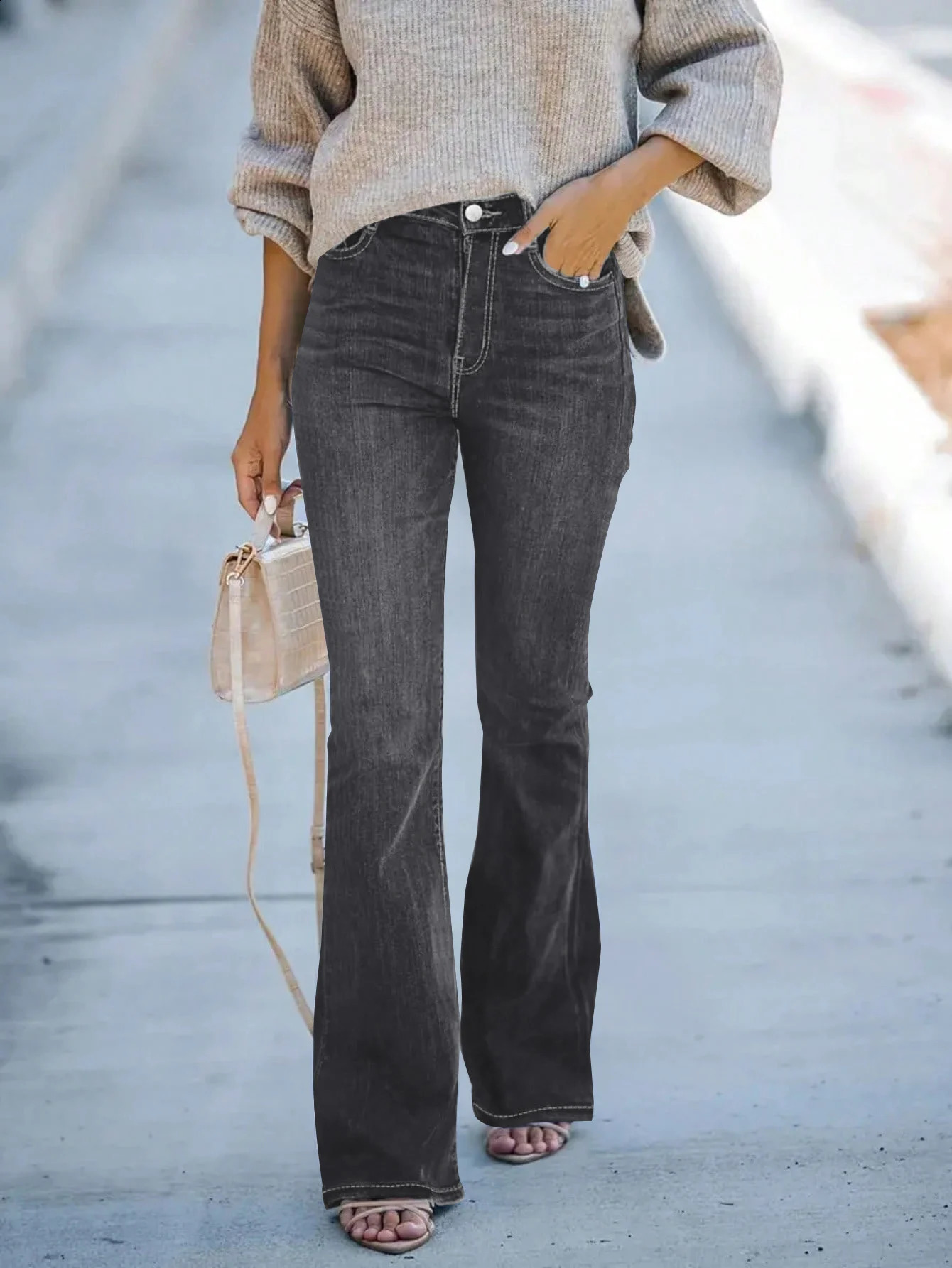 highwaist wideleg slimfit trumpet Denim trousers womens solid color stretch comfortable fashion allmatch jeans 250317