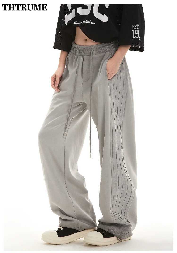 Harajuku Striped Loose Pocket Pants Womens Fashion Drawstring Retro Pocket Cargo Pants Street Clothing Sports Pants TrousersT250318