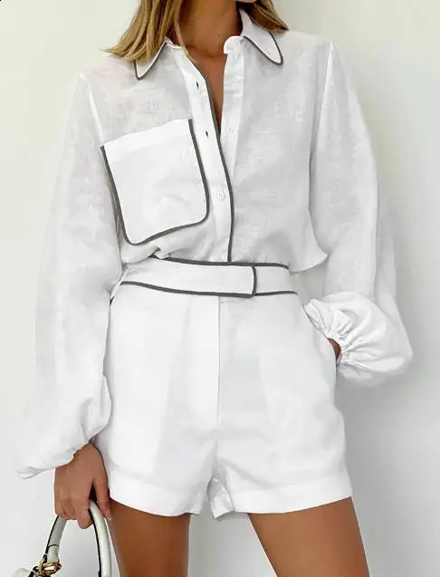 Womens Casual Shorts Set Summer Cotton Linen Long-Sleeved Black White Contrasting Color Shirt Shorts Set Two-Piece Set 250319