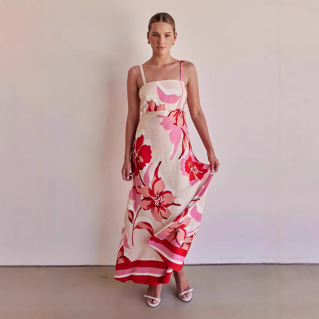 25 Year New Women's Long Skirt Vacation Style Slimming Flower Printed Strap Dress -68531