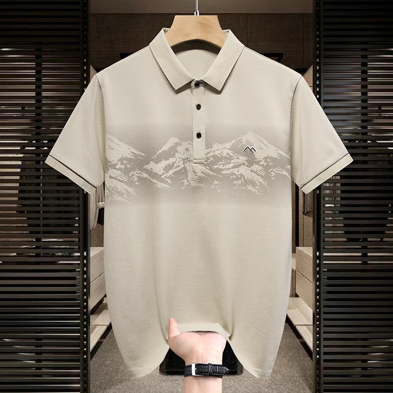 Summer Mens POLO Printed Collar Top Fashionable Business Casual Ice Silk Elastic Quick Drying Short Sleeve T-shirt 250317