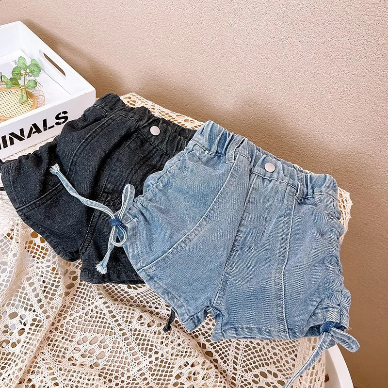 Girls Denim Shorts Stylish Casual Pants Summer Korean Style Drawstring Straps Solid Color Jeans for Outer Wear Kids Shorts 250319