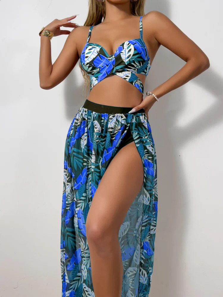 3 Pieces Strappy Bikini Women Push Up Swimsuit Sexy Swimwear Female With Beach Dress Bathers Bathing Swimming Swim Suit 250314