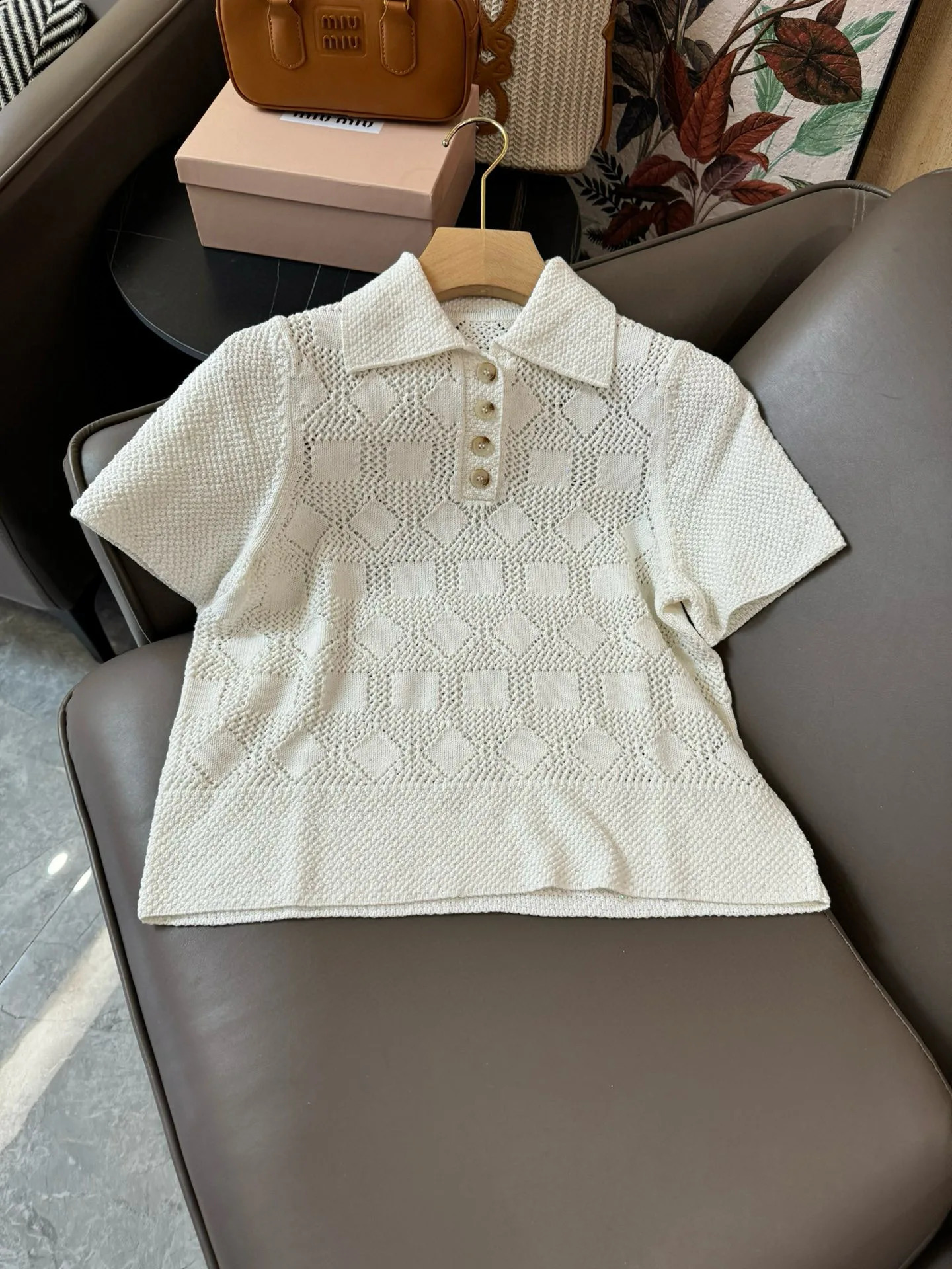 Modern textured polo collar knitted two piece set 250318