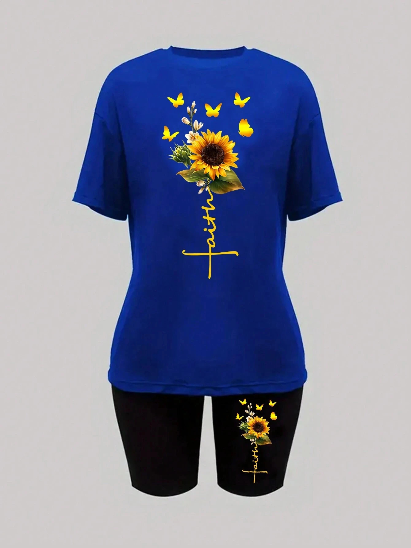 Sunflower Butterfly Beautiful Printing Women T Shirts Two Piece Set Fashion Short Sets Comfortable Breathable Shirt Shorts 250319