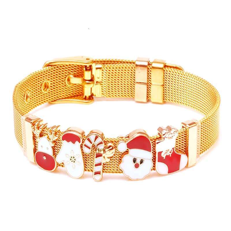 2024 Christmas Gift Gold Color Charm Mesh Bracelet With 10mm Santa Claus Beads Stainless Steel Bracelet Bangle For Women Jewelry