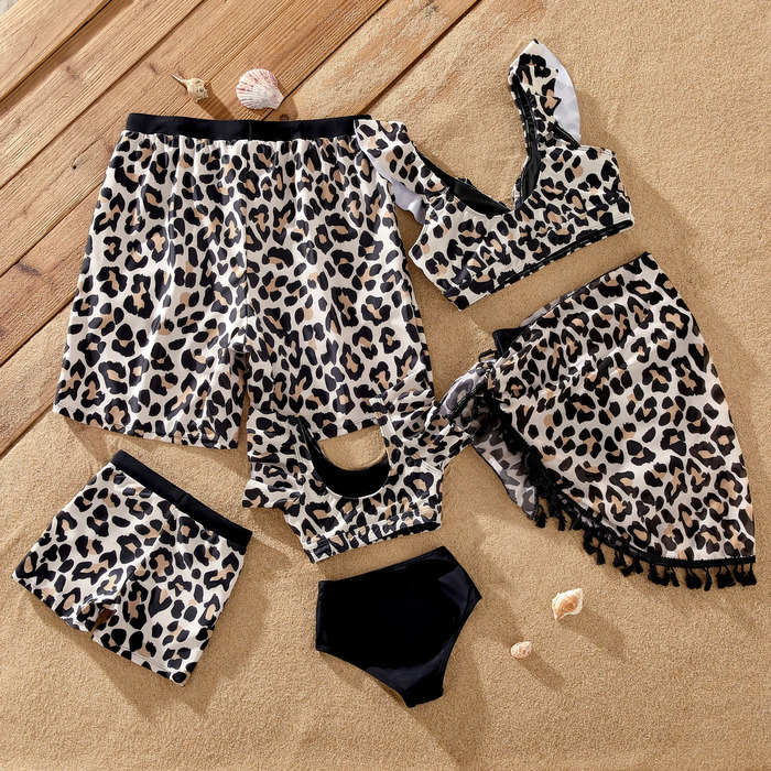 Family Matching Leopard Pattern Drawstring Swim Trunks or Ruffle Neck Two-Piece Bikini with Optional Cover Up Sarong Skirt 250319