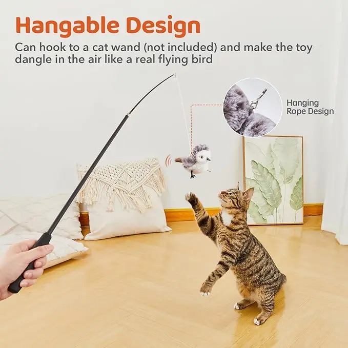 Flapping Bird Cat Toy, Lifelike Bird Chirp Tweet, Touch-Activated Kitten Toy Rechargeable, Interactive Cat Exercise Toys
