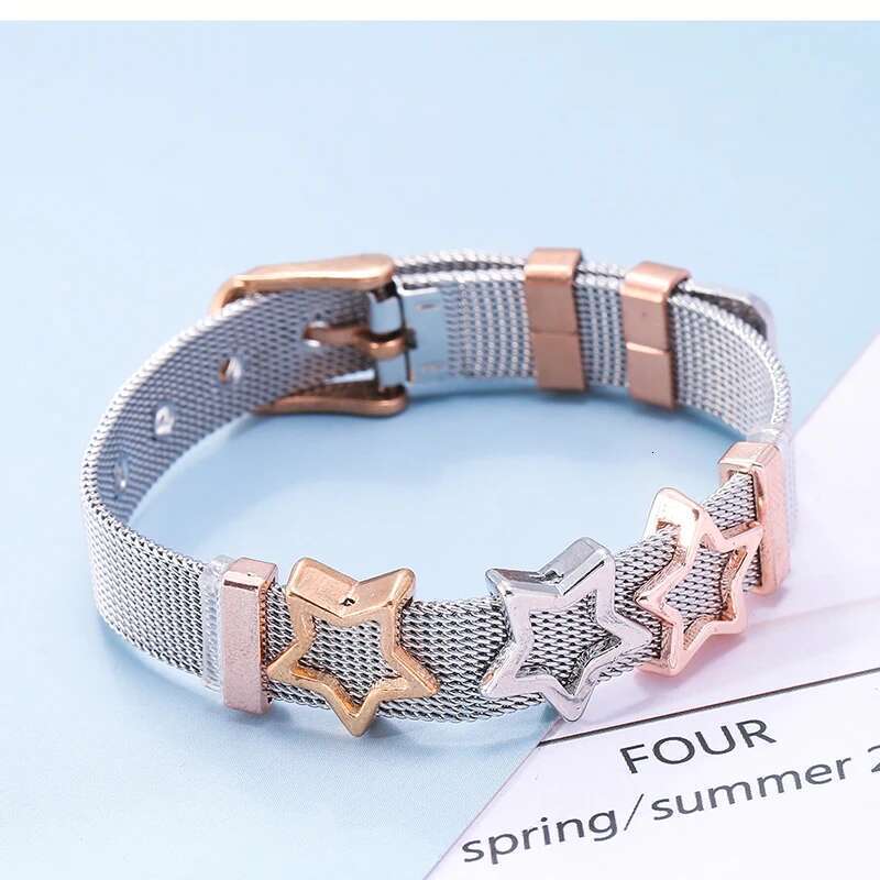 Jewelry Rose Gold Color Mesh Keeper Bracelets With Crystal Star Slide Charms Bracelets for Women Corple Gift