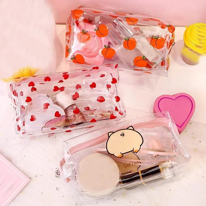 Clear Makeup Bag Fashion Transparent Travel Portable Mini Wash Storage Bags Strawberry Flower Print Women Zipper Cosmetic Bag 250314