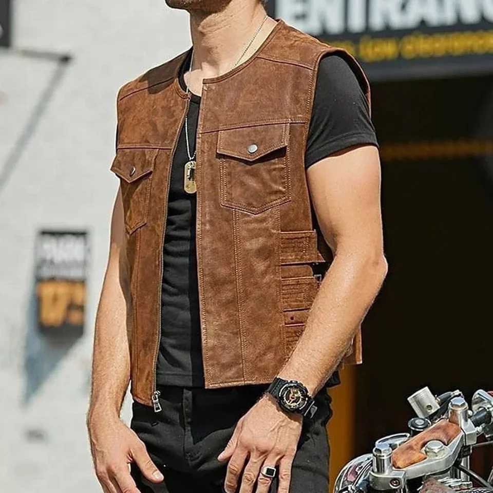 Fashion Biker Faux Leather Vest Coat Waistcoat Mens Motorcycle Vest Solid Color Pocket Zip Up Man Tops Strtwear X250319