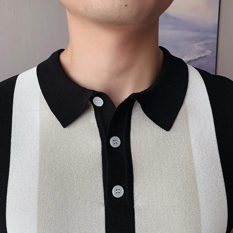 Contrast Knitted Striped Polo Shirt British Mens Fashion Short sleeved Polo Shirt Camisa Masculina Polo Playera Hombre S-3XL 250318