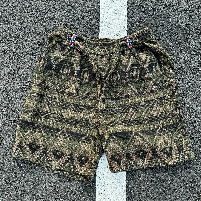 Gypsy style knitted shorts mens retro ethnic print knee high five pants hippie pocket shorts straight casual shorts 250317