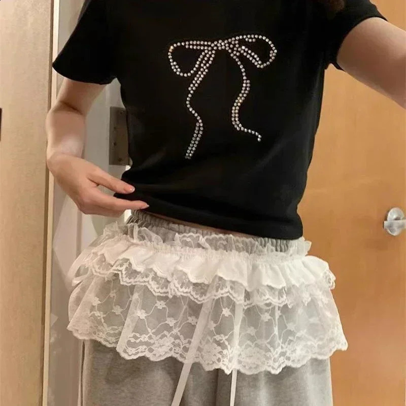 Neploe 2025 Summer Skirt for Women Heavy Lace Frenum Fungus Faldas Mujer Y2k Grunge High Waist Ruched Black Skirts 250319