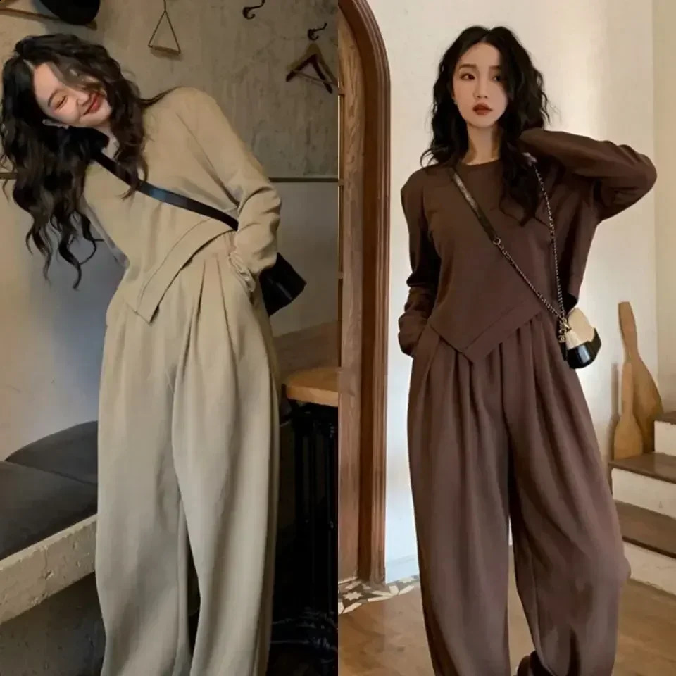 Jogging Suits for Women Retro Hong Kong Style Chic Autumn Winter High Street Casual Sweatshirt Wide-leg Pants Two-piece Set 250318