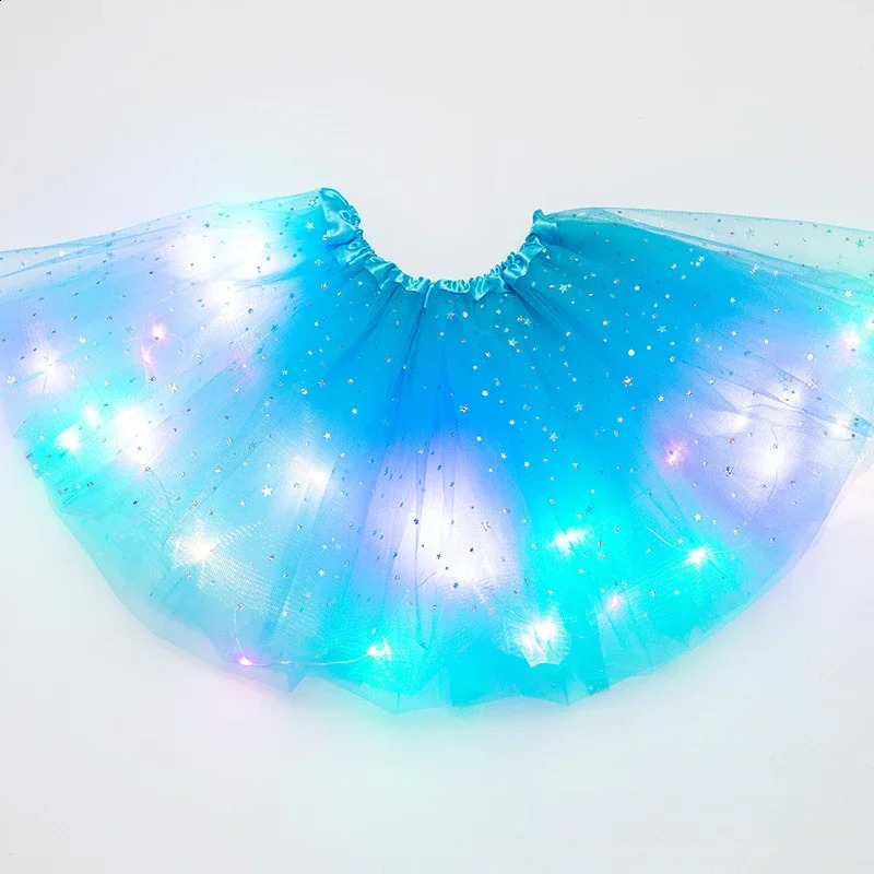 LED Glowing Light Girls Tulle Star Short Tutu Skirt Children Fancy Ballet Dancewear Party Costume Ball Gown Mini Skirt 250319
