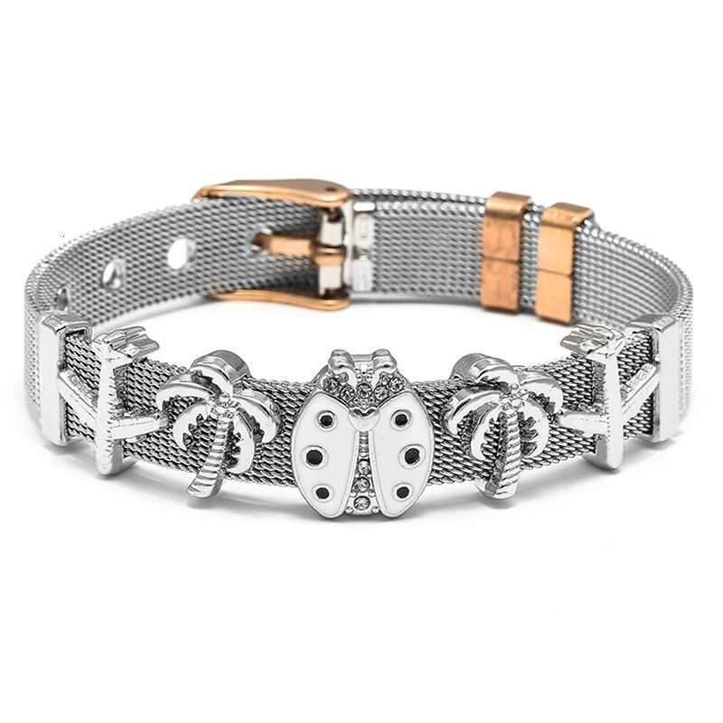 10mm Stainless Steel Mesh Bracelets With Aircraft Coconut Tree Beads Charm Keeper Bracelets Bangles For Women Men Jewelry Gift