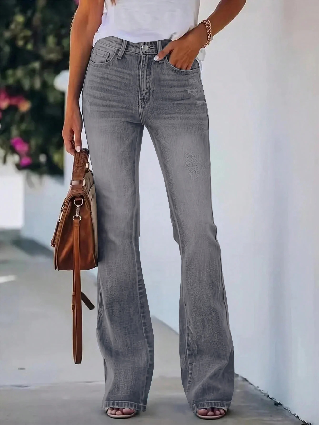 elegant girls solid color jeans high waist slimming horn Denim trousers 250317