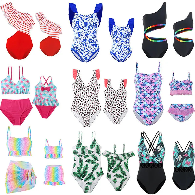 Rainbow Mother Daughter Matching Swimsuits Family Set Mermaid Mommy and Me Swimwear 3pcs Women Girls Bikini Dresses Clothes 250319