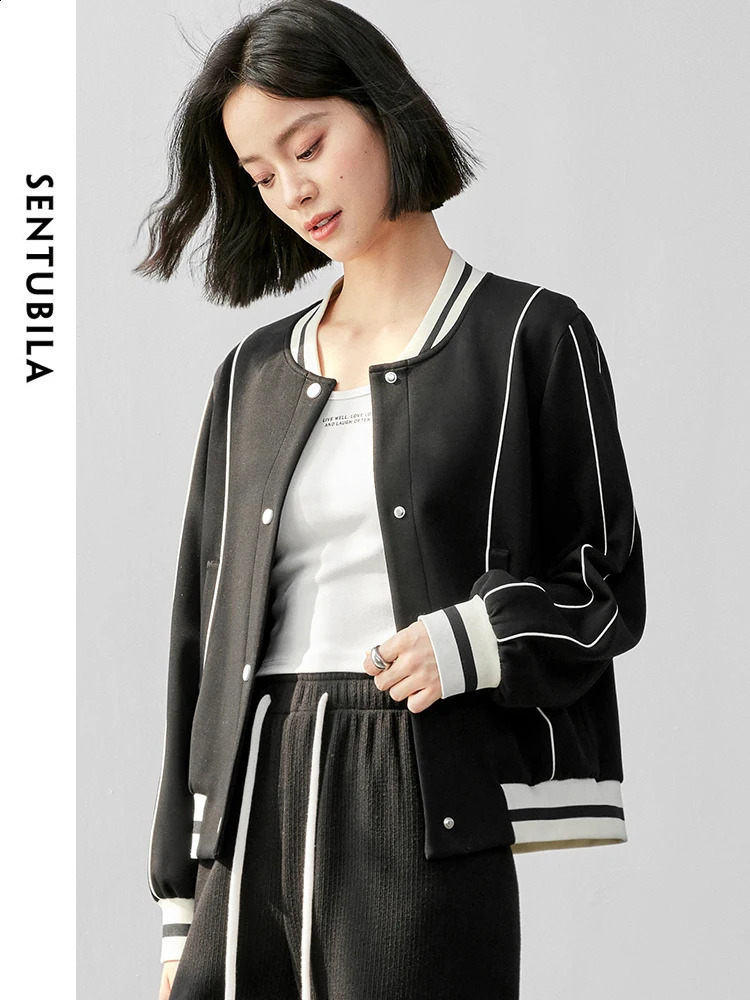 SENTUBILA Womens Sports Cotton Baseball Jacket Autumn Casual Loose Patch Work Sheet Corset 143W55948 250317