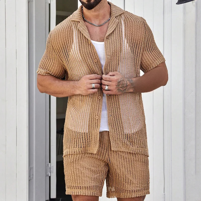 Mens sexy cut shorts two sets of summer perspective mens shirt set business casual mens polo shirt mens clothing tracking suit 250314