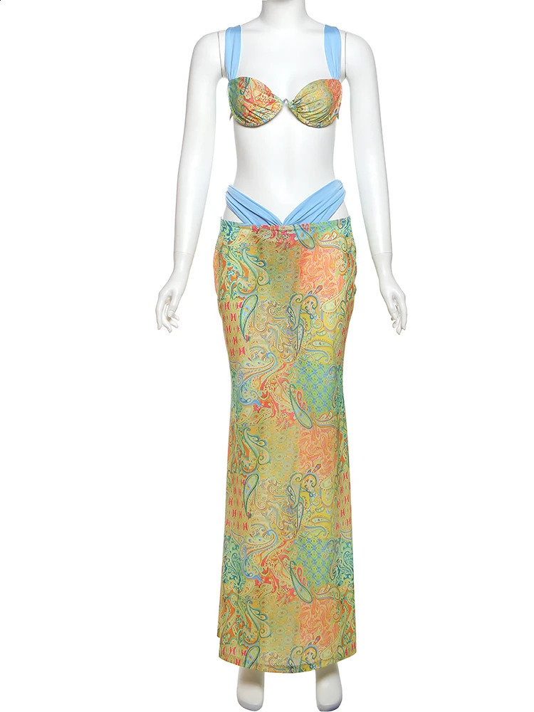 Nibber Summer Beach party 2 Piece Set Women Colorful Print Bra TopsHighWaist Hollow Maxi Skirts Matching Midnight Clubwear 250318