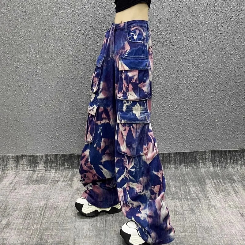 #2201 Tie Dye Printed Wide Leg Jeans Women Streetwear Long Cargo Side Pockets Loose Straight Denim Female Hip Hop 250317