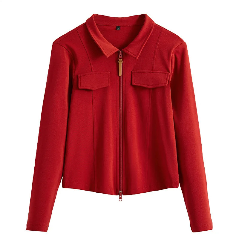 Spring and summer womens lapel zipper long sleeved Tshirt trendy casual jacket top 250317