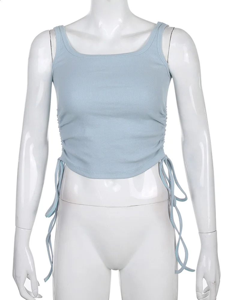 Ruched Sleeveless Tank Tops Tee Solid Casual Fashion Crop Top Ladies High Street Tie Up Croptop Summer Fitness 250319