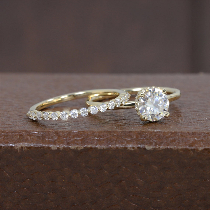 Jewelry 1.00 CT Round IGI Lab Grown Diamond Bridal HPHT Ring Set Real Yellow Gold Round Diamond Hidden Halo Ring Engagement Ring For Women