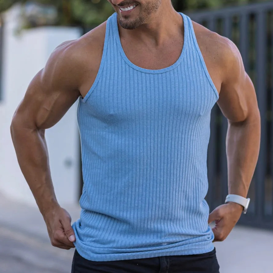 Large Size Mens Sleeveless Summer Knitted Vertical Stripe Fitness Sports Leisure Slim Mens Vest Mens L-Line Vest Mens 250319