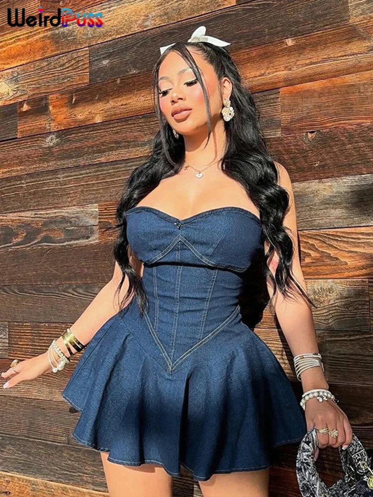 Weird Puss Denim Strapless Sexy Dress Women Summer Trend Skinny Hipster Fashion Concert Birthday Party Clubwear Y2K Bodycon 250319