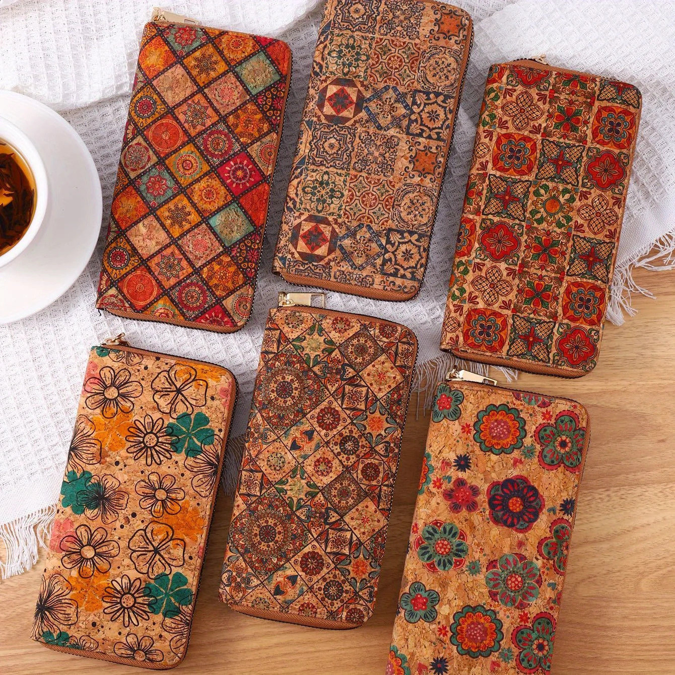 Bohemian PU leather womens long wallet floral printed clutch coin wallet vegan retro artificial wooden credit card holder 250318