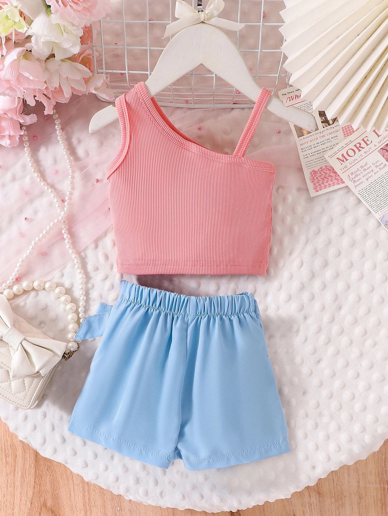 2PCS Cross-Border Summer Girls 1-3 Years Old Comfortable And Trendy Pink Top With Slanted Shoulders Blue Shorts Set 250319