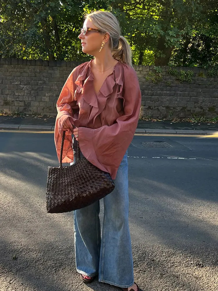 Elegant Ruffles Flared Sleeve Oversized Shirt For Women Chic V-neck Solid Cropped Blouse 2025 Office Lady Commute Streetwear 250319