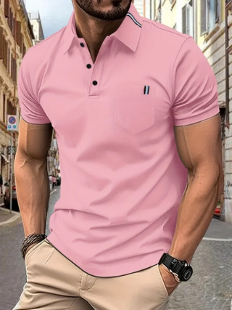 Solid color mens casual fashion lapel pocket ribbon decoration short-sleeved POLO shirt sports golf slim polo shirt 250319